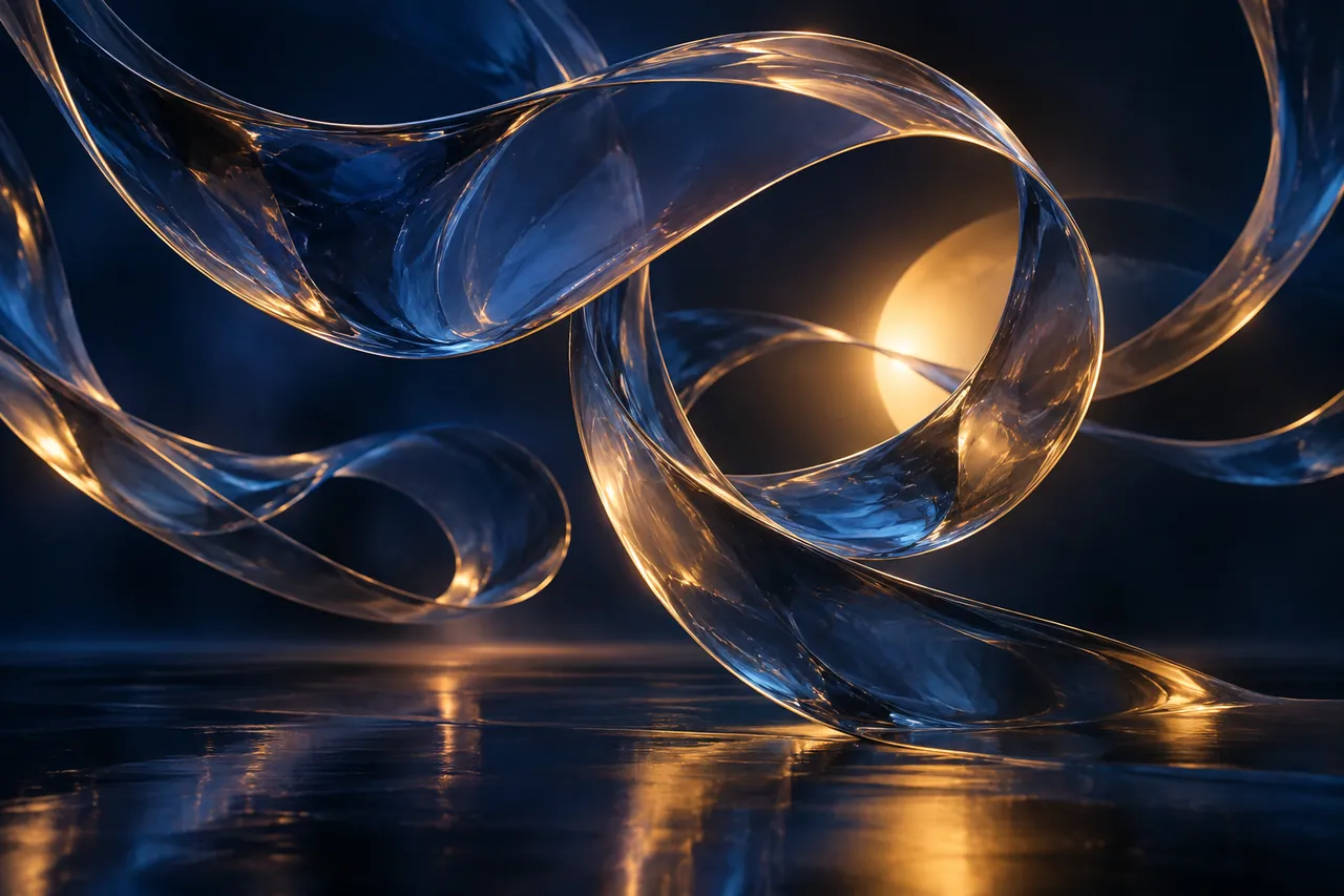 Suspended translucent glass ribbons in a dark cobalt space with warm amber rim lighting.