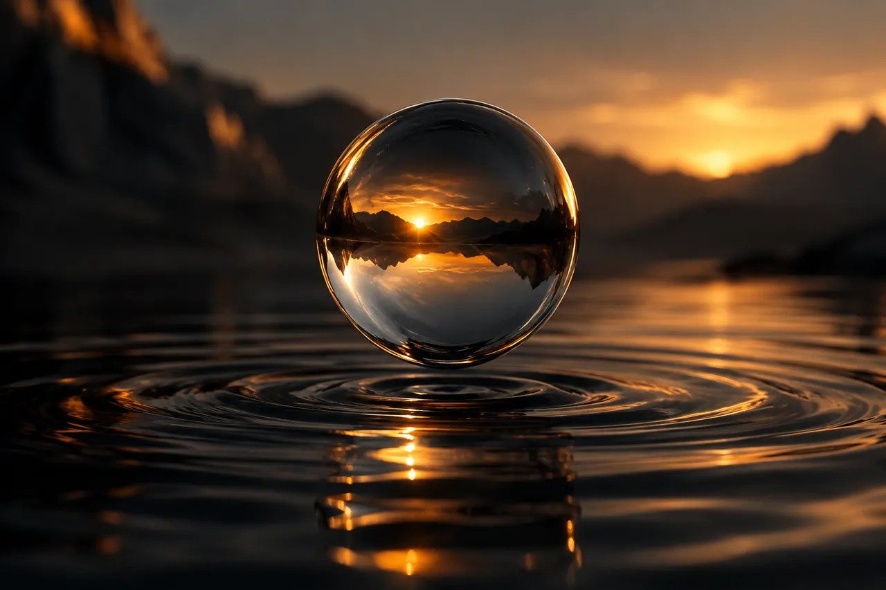A clear glass sphere balanced above a shallow rippling black pool with an amber light reflected inside.