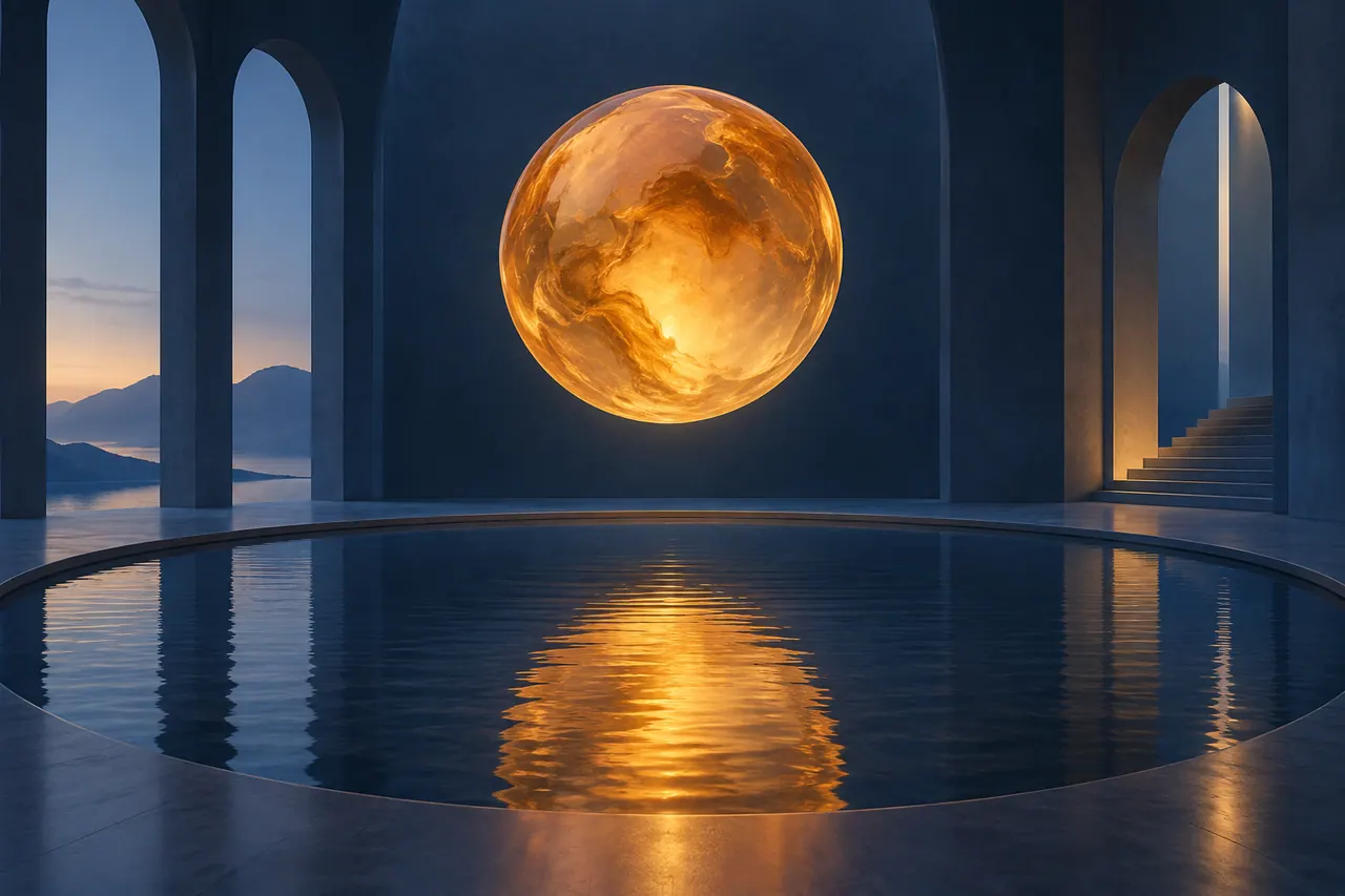 A single amber disc suspended in a deep blue architectural room above a shallow reflective pool.