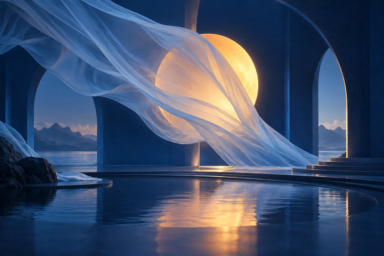 A glowing amber disc partially obscured by flowing translucent pale-blue fabric in a deep cobalt architectural space.